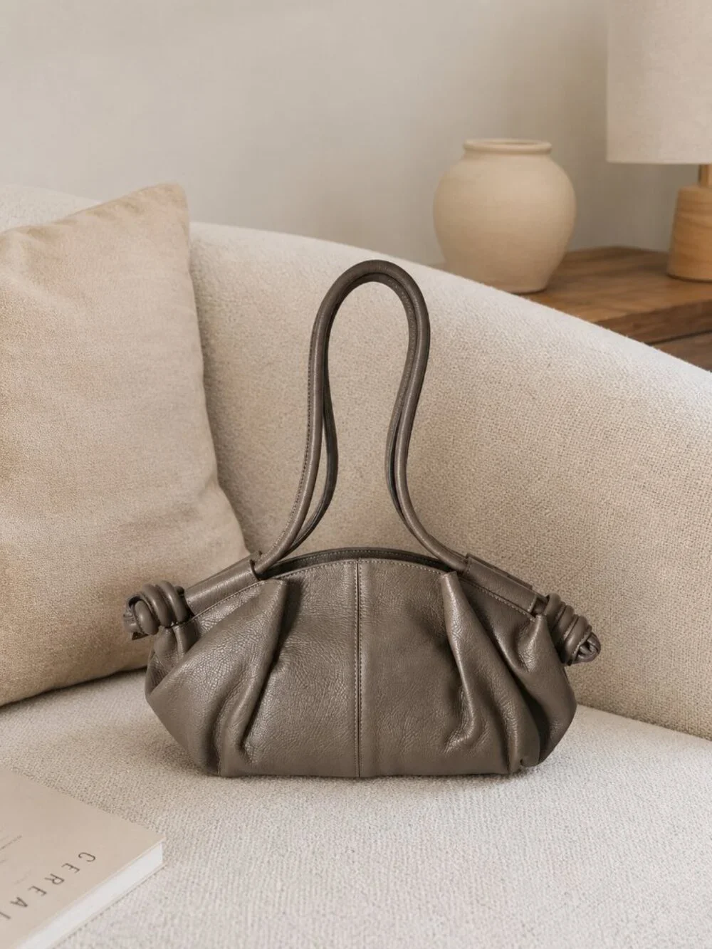 Taupe Italian Leather Shoulder & Crossbody Bag, Soft Gathered Leather Handbag